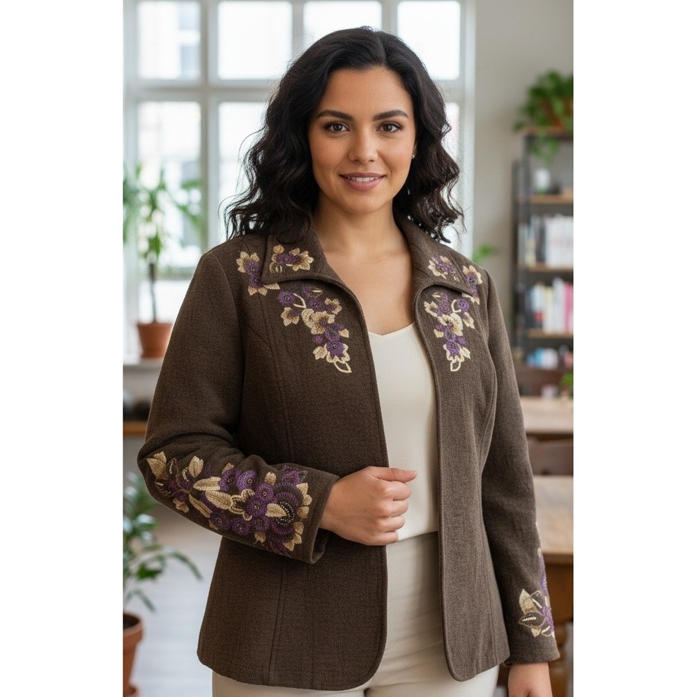 Coldwater Creek Women's Floral Embroidered Blazer Jacket Size W18 Brown Boho